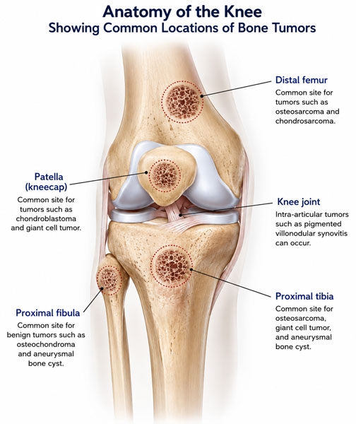 Anatomy of the knee and common locations of bone tumors