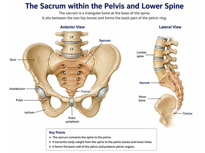 Anatomy of the sacrum within the pelvis and lower spine Anatomy of the sacrum within the pelvis and lower spine