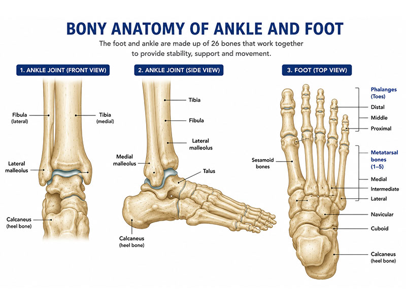 Bony anatomy of the ankle and foot, showing the major bones involved in foot and ankle conditions and bone tumors Bony anatomy of the ankle and foot, showing the major bones involved in foot and ankle conditions and bone tumors