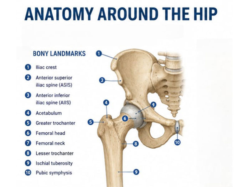 Normal anatomy of the hip and pelvis, showing the key bones and anatomical landmarks relevant to hip and pelvic bone tumor surgery Normal anatomy of the hip and pelvis, showing the key bones and anatomical landmarks relevant to hip and pelvic bone tumor surgery